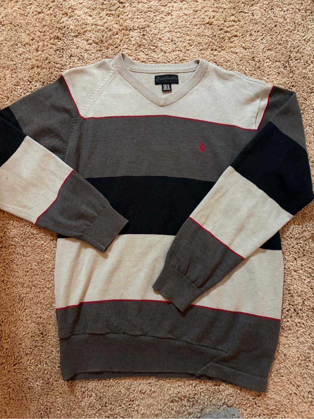Volcom Boys XL Striped Thin V-Neck Sweater in Gray, Black with Red Accents